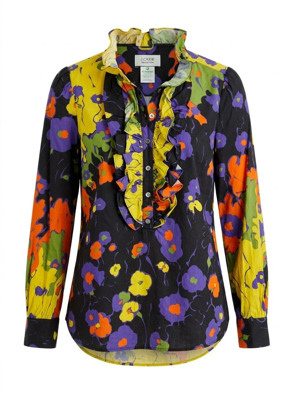 J.Crew Collection Black Multicolor Floral Ruffle Neck Blouse Women Size M
